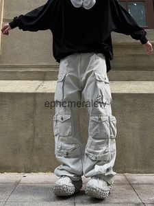 Calças masculinas retro ins tendência macacão multi bolso para homens mulheres 2022 novo solto em linha reta perna larga calças casuais homens calças de carga streetwearephemeralew