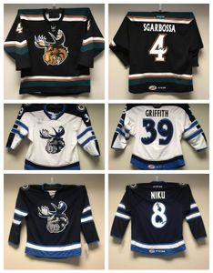 Personalizado masculino Manitoba Moose Hockey Jersey AHL Jerseys Goalie Qualquer número de nome costurado