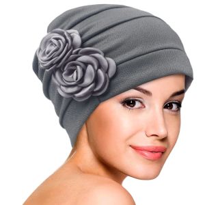 New Women Solid Colors Flower Decro Turban Cap Beanies Muslim Hijab Soft Head Cover Hair Loss Cancer Chemo Hat Islamic Head Wrap