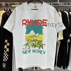 メンズTシャツRhude Tシャツ城ココナッツツリーウィンドウシーニックカジュアルカジュアルルーズ通気性短袖TシャツTシャツTheカップルトップティー230816 BIOS