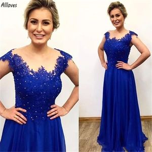 Stylish Chiffon Royal Blue Mother Of The Bride Dresses Lace Appliques Beaded A Line Long Women Formal Party Gowns Cap Sleeves Wedding Guest Dress Vestidos CL3224