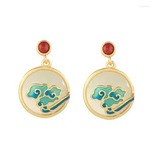 Stud Earrings Chinese Hanfu 925 Silver Enamel Auspicious Cloud White Hetian Jade & Red Agate Natural Stone Cabochon Jewelry For Women