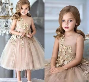 Gold Lace Appliqued Flower Girl Dresses For Wedding O-neck A Line Tulle Skirt Tea Length Little Girl's Todder Party Formal Gowns Birthday First Communion Dress CL3222