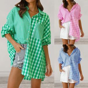 Blusas femininas Mulheres Lapela Collar Oversized T Shirt Único Breasted Algodão Misturado Casual Xadrez Solto Fit Colorblock Office Daily Outfit