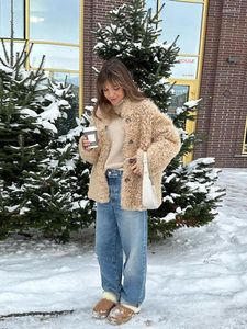 Kurtki damskie kobiety solidna polarowa pluszowa puszysta kurtka zima długie rękaw z pojedynczym stojakiem na piersi płaszcze płaszcza żeńska moda gęsta ciepła wełna