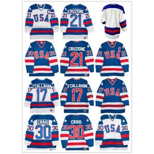 Teamtröjor 30 Jim Craig 21 Mike Eruzione 17 Jack O'Callahan 1980 År Miracle USA Vintage Hockey Jersey White Blue S-3XL 4183