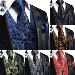 Vests HiTie Silk Mens Vests Sleeveless Waist Jacket Corsage Jacquard 25 Colors Waistcoat Tie Hanky Cufflinks Brooch Set for Men Male