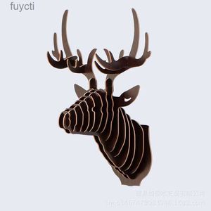 アートアンドクラフト3Dウッドパズル木製のDIY動物彫刻抽象鹿ヘッド彫像ホームウォールハンギングデコレーションMDFクラフトアートYQ240119