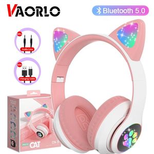 Headphones VAORLO Flash Lamp Cute Cat Ears Headphone Bluetooth5.0 Stereo With Mic Support TF Card Wireless Kids Girl Earphone Birthday Gift