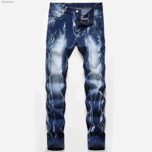 Jeans masculinos neve lavado retalhos jeans retos elásticos plus size vintage remendo magro jeans longo branco algodão masculino jean calçasl240120