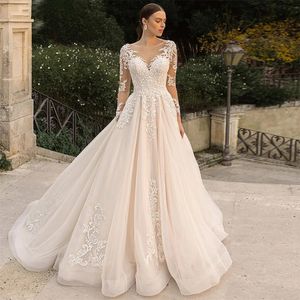 Oszałamiający Brykta 2024 Luksusowe koronkowe długie rękawy Sukienki z chwastami vintage Backless Tiulle A-Line Applique Suknie ślubne