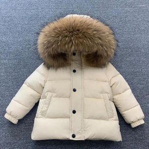 Down Coat Russian Winter Jacket 90% White Duck Big Real Fur Collar Thicker Children Hooded Parka Kids Wz964