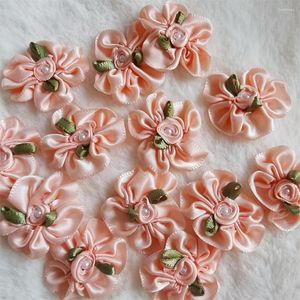 Decorative Flowers 30pcs Orange Pink Satin Flower Bows Pearl Ribbon Artificial Appliques Fabric Wedding Sewing Craft Handmade Gift Box