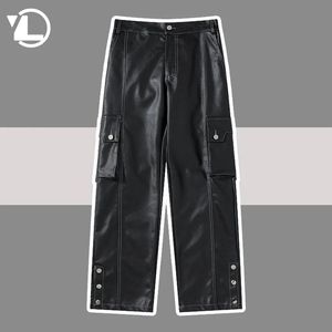 Calças pretas pu de couro sintético, calças masculinas e femininas, hip hop, streetwear, retas, pernas largas, retrô, punk, pu, calças cargo soltas, unissex