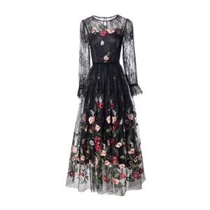 2024 Spring Black Contrast Color Embroidery Dress Long Sleeve Round Neck Lace Panelled Long Maxi Casual Dresses A4J191359