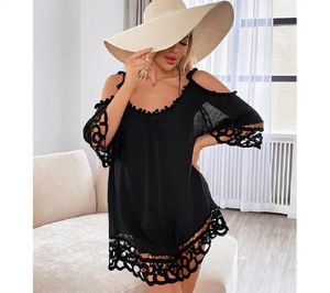 Wholesale Women New Fashion Sexy Beach Swimsuit Solid Hollow Lace Overall Clothing Ladies Loose Leisure Vacation Sunscreen Dress