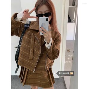 Work Dresses Maillard Style Sweet Girl Suit Turn-down Collar Plaid Short Jacket Pleated Mini Skirt Two-piece Set Fashion Female Clothes