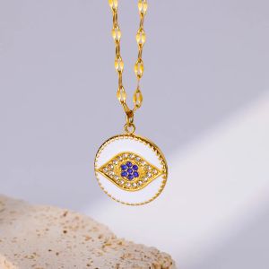 Zircon Evil Eye Pendant Neckor for Women 14k Yellow Gold Necklace 2024 Trend Eesthetic Lucky Turkish Jewerly Gift