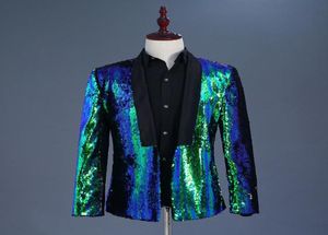 TIDE MENS DoubleTurning Two Colors Sequin Blazer DJ Singer Night Club Blue Green Purple Gold Silver Suit Jacket Outfit Men0392960291