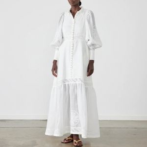 Fashion brand beige white linen lapel neck lantern long sleeve gather waist floral embroidery long dress