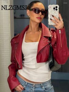 Women's Jackets 2024 Autumn Winter Cropped Red Faux Leather Short Jacket Women Elegant Long Sleeve PU Coat Fashion Office Lady