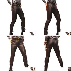 Męskie spodnie męskie lateksowe faux skórzane pvc gej chude ciasne spodnie błyszczące ołówek mokry wygląd męscy legginsy scena wydajność dostawa dostawa Dhtcd