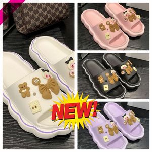 2024 Hot Selling Outdoor Women's Soft Soled Cartoon Graffiti Slippers, Women's Beach Casual Sandals, Beach Casual Shoes White Purple Pink Teddy Bear