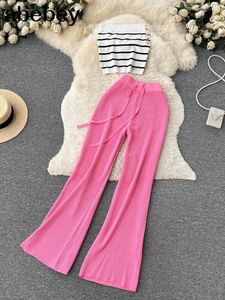 Kleid 2023 Rosa Frauen Streifen Sexy Zwei Stücke Sets Sommer Liebsten Schlank Leibchen + Breite Bein Lange Hosen Sets Streetwear zwei Stück Anzüge