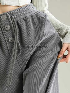 Kvinnors jeans Autumn All-Match DrawString High midja Plus Size byxor Dam Simplicity Knappar Solid färg Elastisk midja Fleece Straightephemeralew