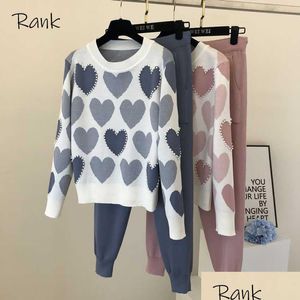 Kvinnors spårdräkter 2 stycken Set Women Knit Outfits Heart Beading Round Neck Sweater Långärmad byxor Kvinnlig elastisk harem Top Dhebd