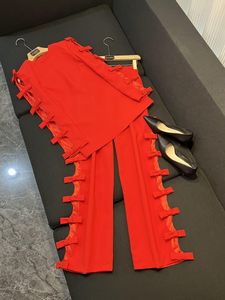 2024 Spring White Solid Color Bows Two Piece Pants Set Red Hollow Out Long Sleeve Round Neck Top + Long Pants Set Two Piece Suits O4J152799