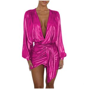 Urban Sexy Dresses 13 Färger Sparkly Metallic Irregar Draped Dress Women Y Deep V-ringen Långärmad Vestido Elegant Bandage Wrap Mini Dhieo