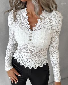 Women's T Shirts Fashion Woman Blouse 2024 Spring Crochet Lace Buttoned Asymmetrical Trim Casual Plain V-Neck Long Sleeve Skinny Daily Tee