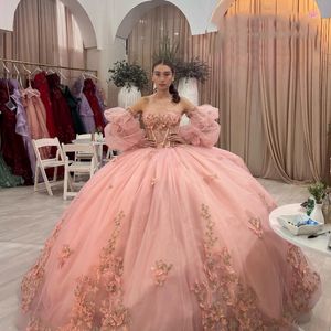 Pembe 2024 Quinceanera Elbise Yay Dantel Boncuklar Tull Balo Kupası Omuz Kapalı Tatlı 16 Elbise Vestidos De XV Anos 15. Doğum Günü