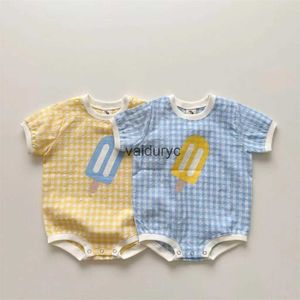 Rompers 2023 Summer New Baby Cute Ice Print Short Sleeve Bodysuit Cotton Infant Toddler Plaid Jumpsuit Newborn Clothes 0-24M H240508