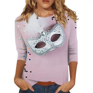 Magliette da donna Moda Casual Manica a 3/4 Mardi Gras Carnevale a tema Costume Maschera per feste Stampa Colletto alla coreana Pullover Top Ufficiale