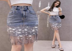 Qnpqyx Yeni Yaz Koreli Seksi Kadınlar Denim Mini Etekler Yüksek Bel Mavi Paket Kalça Kot Moda Boncuk Tassel Etek Jupe Femme1966202