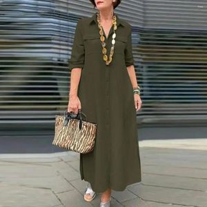 Casual Dresses Spring Long Dress Solid Color Sleeve Maxi med Turn-down krage bröstficka för kvinnor andningsbar fotledslängd a-line