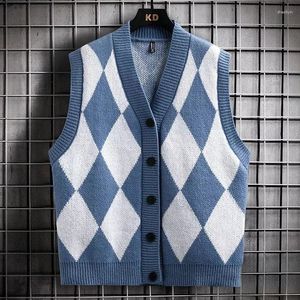 Men's Vests Knit Sweater Male Vest Argyle Clothing Plaid Sleeveless Cardigan Waistcoat Blue Sweatshirts High Quality In X