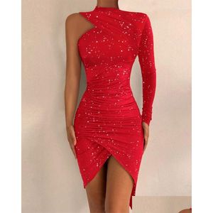 Grundläggande avslappnade klänningar Casual Dresses Year Red Party Dress Glitter One Shoder Asymmetrical Ruched Mini BodyCon Long Sleeve Sequin Y DH3RS