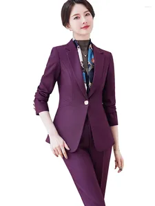 Kvinnors tvåbitar byxor eleganta damer pantar Kvinnor Purple Blue Black Solid Formal Blazer och byxa Kvinnliga affärsarbete slitage 2 Set