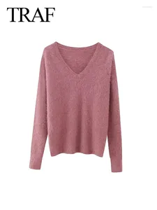 Women's Sweaters Autumn Alpaca Blended Knitted Pullover Retro Long Sleeve Slim V Neck Short Pink Cropped Top