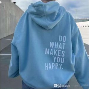 Sizi mutlu eden şeyi yapın Sweatshirt kapüşonlu kadınlar sweatshirt kırpılmış mektup, kadınlar için kapüşonlu bahar gevşek cep uzun kollu bayanlar sokak giysileri kazıkları