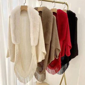 Scarves Elegant Women Knitted Tassel Shawl Faux Fur Collar Evening Gowns Windproof Autumn Winter Dress Shaw Ponchos Party Cape
