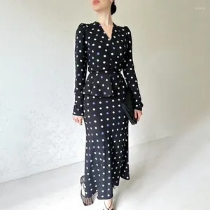 Casual Dresses Spring Summer 2024 French Style Polka Dot Dress Elegant V-neck Hip Skirt Lace-up Waist-Controlled Slimming Base