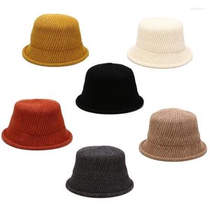 Berets Mulheres Outono Faux Lã Crochet Malha Balde Chapéu Cor Sólida Rolada Curto Brim Flat Top Elegante Lazer Quente Panamá Pescador