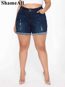 Shorts femininos plus size, bainha angustiada, rasgado, elástico, skinny, 4xl, mulheres, cintura alta, jeans, calças quentes, shorts jeansl240119