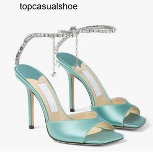 JC Jimmynessity Choo Women Designer Shoes for High Sandal Heel Saeda Sandals Sexy Heels Crystal Chain Ankle Strap Satin Leather Square Open Toe Lady Wedding Party Dre