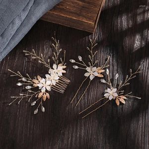 Hair Clips White Flower Combs Bridal Hairpin Set Golden Handmade Crystal Bead Headpiece Ornament Wedding Headdress Bridesmaid Jewelry