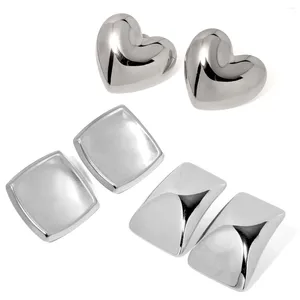 Stud Earrings Polished Silver Color Stainless Steel Thick Geometric Love Heart Ear For Women Glossy Curved Square Hoops Earring Bijoux